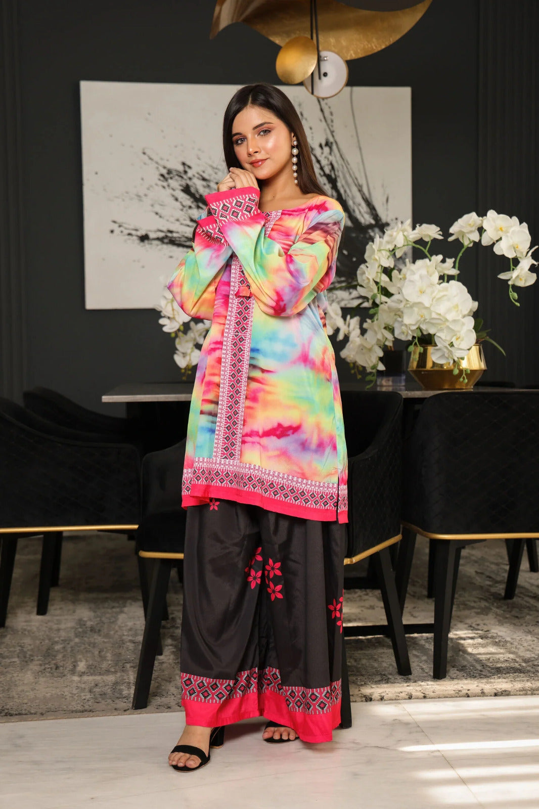 Digital Rainbow Printed Silk 2-Piece Set